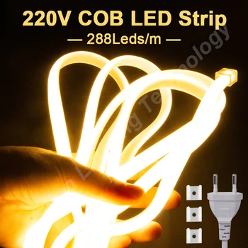매우 밝은 COB LED 스트립 조명, 유연한 테이프, EU 전원 플러그, IP65 방수, 침실 정원 조명, 288 LED/M, AC 220V