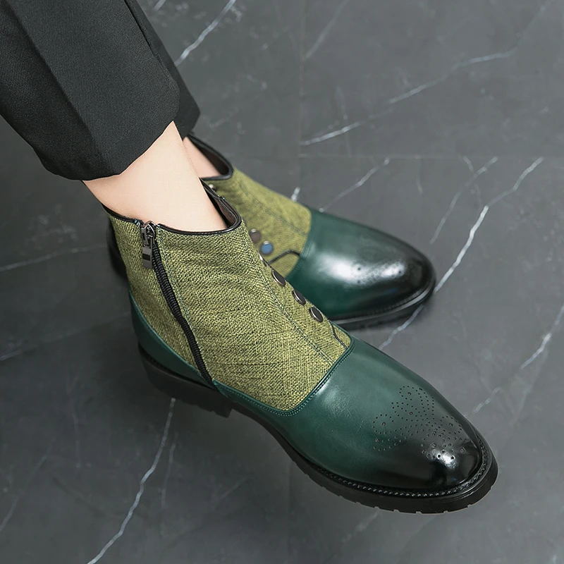 HKDQ Fashion Button Canvas Zip Men's Chelsea Boots High Quality Breathable Mens Leather Boots Comfortable High-top Shoes For Men