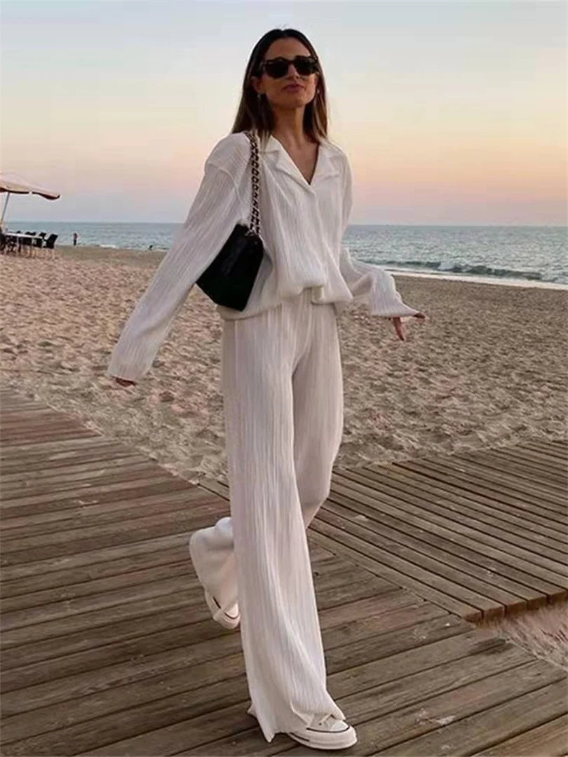 Women's Drawsting Beach Pants Solid Casual Hollow out Pants Knit Straight  Leg Pants Summer Comfy Playsuit Trousers(M,White)