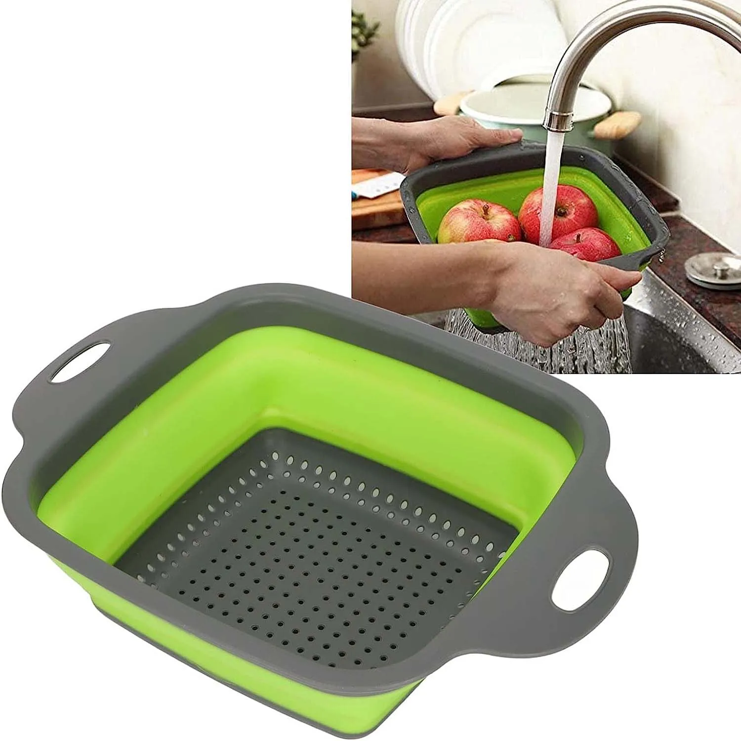 

Creative Green Silicone Square Folding Vegetable Fruits Washing Drain Basket Colander Strainer Collapsible Drainer Kitchen Tool