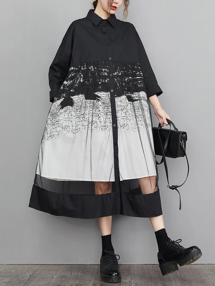 Mesh Patchwork Print Shirt Dresses For Women Long Sleeve Loose Casual Vintage Dress Fashion Elegant Clothing Spring Autumn 2025