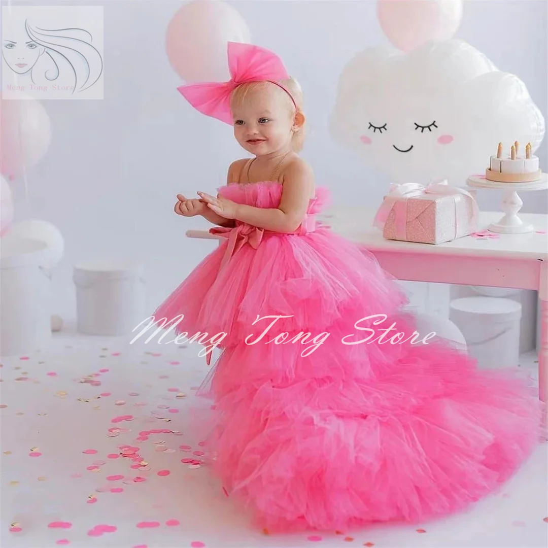 

Tulle Puffy Tiered Sleeveless Flower Girl Dress For Wedding Bright Pink Princess Kids Birthday Party First Communion Ball Gowns