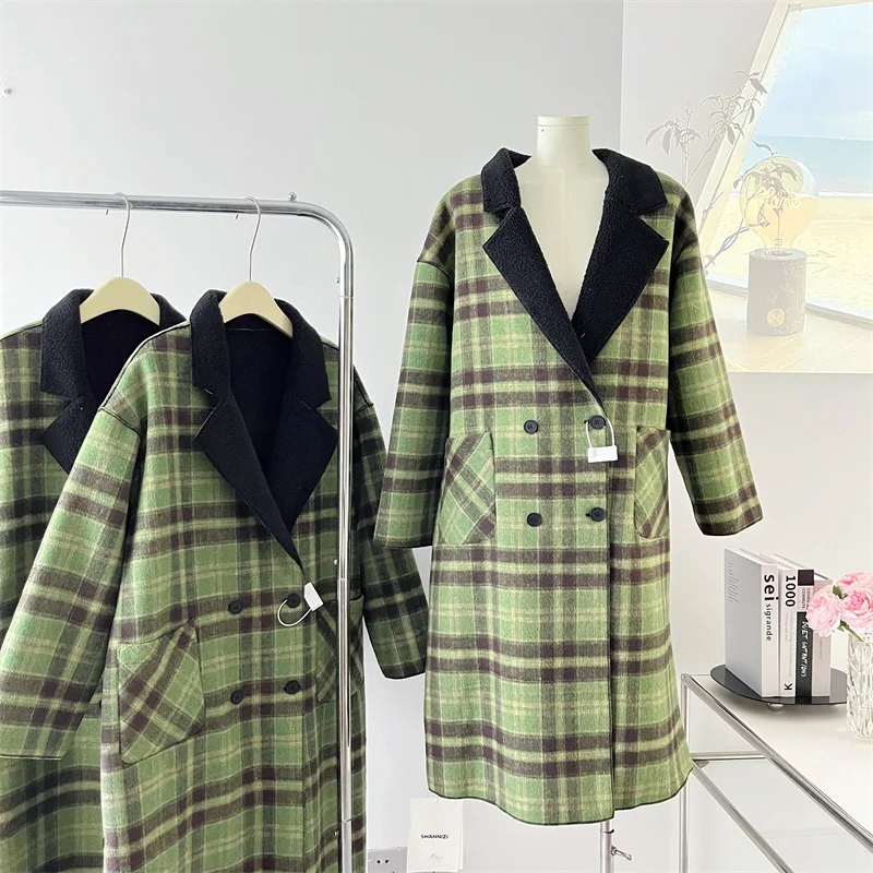 

Vintage Plaid Winter Thick Long Coats Two Wear Women Turn-down Collar Wool Long Sleeve Double Breasted Jacket New Clothing Q371