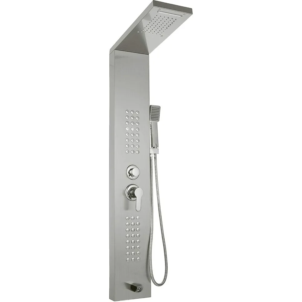 

Happybuy 5 in1 Shower Panel Tower System Brushed Silver Stainless Steel Multi-Function Shower Panel with Spout Rainfall
