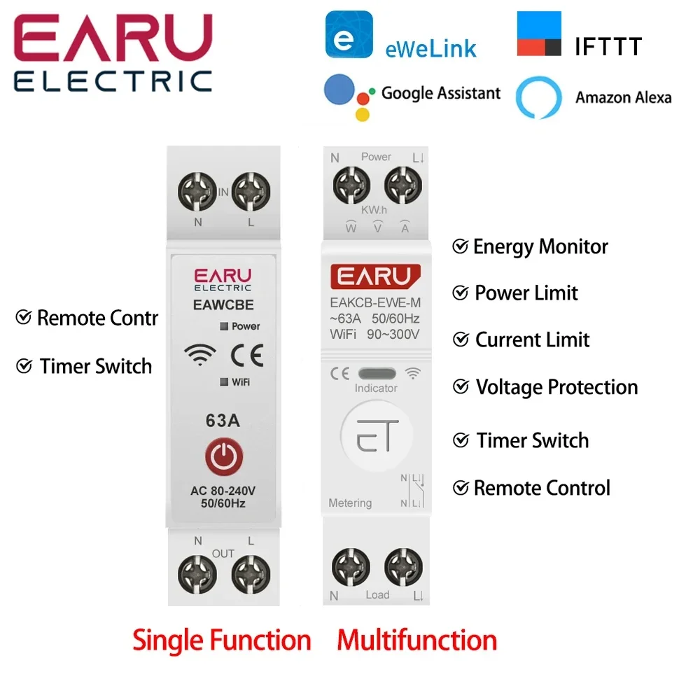 Ewelink Wifi Smart Stroomonderbreker Mcb 1P 63a Timer Power Energy Kwh Spanningsstroom Meter Beschermer Stem Afstandsbediening Schakelaar