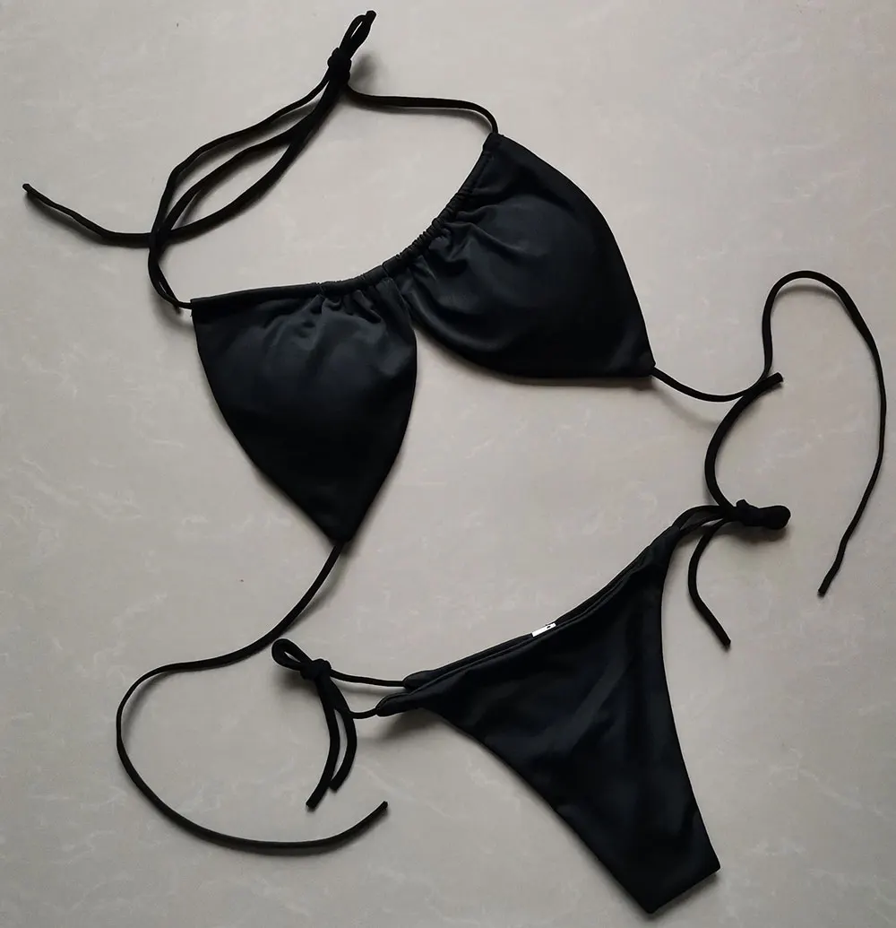 Summer Sexy Bikini set Push-up padded Bra Thong Split Swimwear Female Bandage Bathing Suit Adjustable Lacing Swimsuit Solid