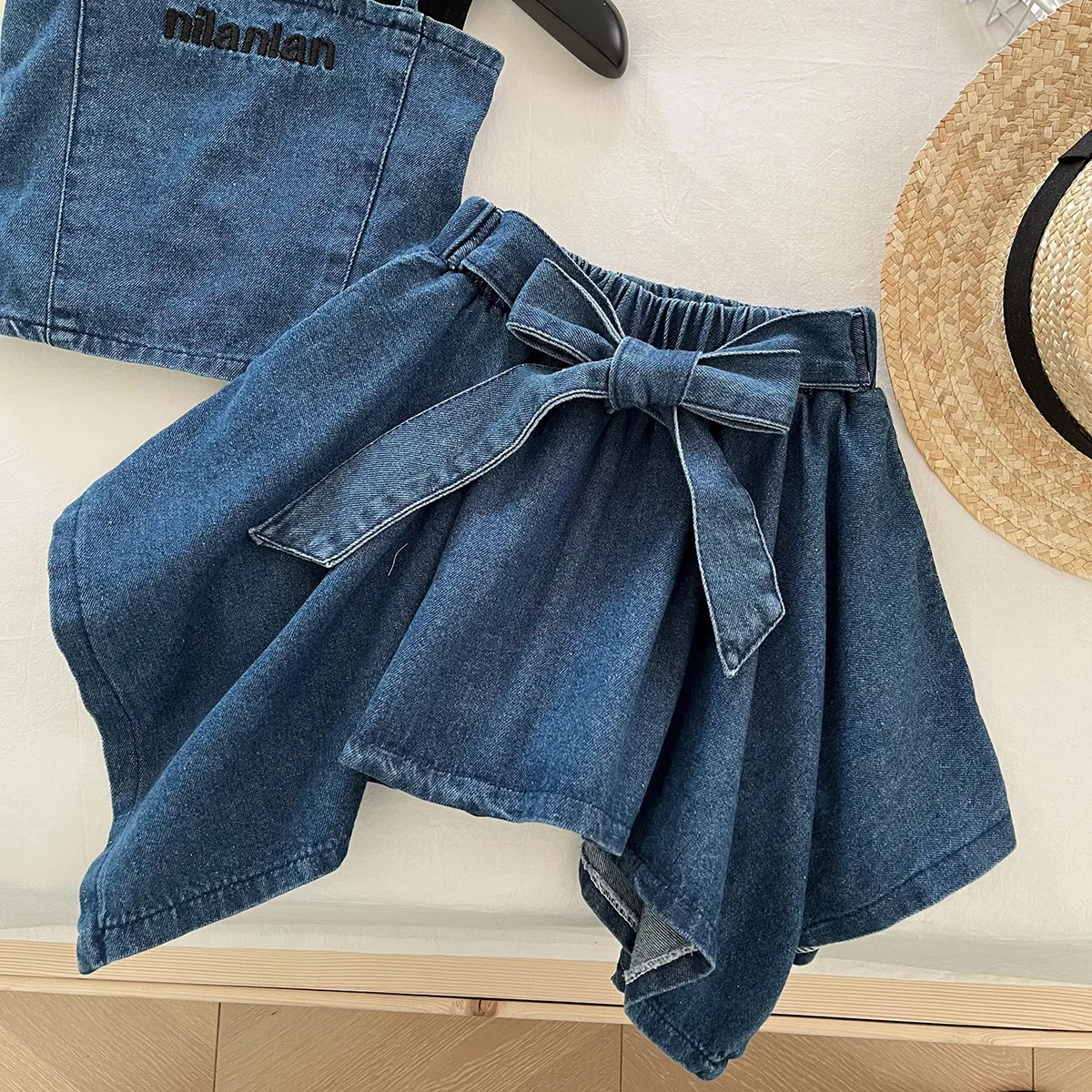 Girls' Clothing Set 2025 Summer New Sleeveless Denim Vest Top, Children's Denim Short Skirt Summer Three Piece Set - 4