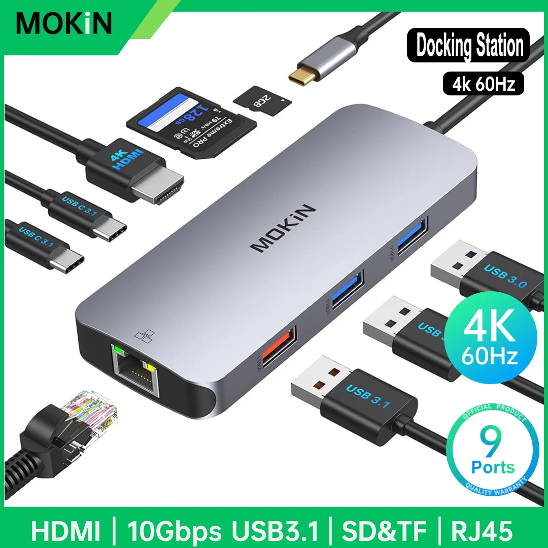 

MOKiN Docking Station USB C Hub Multiport,SD/TF Card,RJ45,USB3.1 ,VGA,Audio,100W PD for MacBook air Pro ipad USB C Adapter 10gps