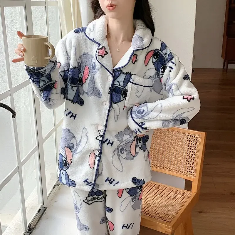 

Disney Stitch Sleepwear Kawaii Pajamas Set Plush Anime Thick Women Autumn Winter Warm Home Suit Pants Loungewear Cute Clothes