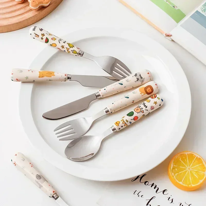 3pcs/lot Baby Spoon Fork Set Stainless Utensil Children's Tableware Training Spoon Feeding Tableware Soft Kitchen Accessories