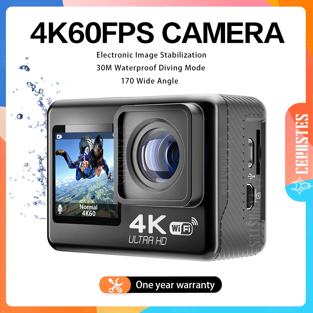 Cerastes 4K 60FPS Wifi Anti Shake Actie Camera Dual Screen 170