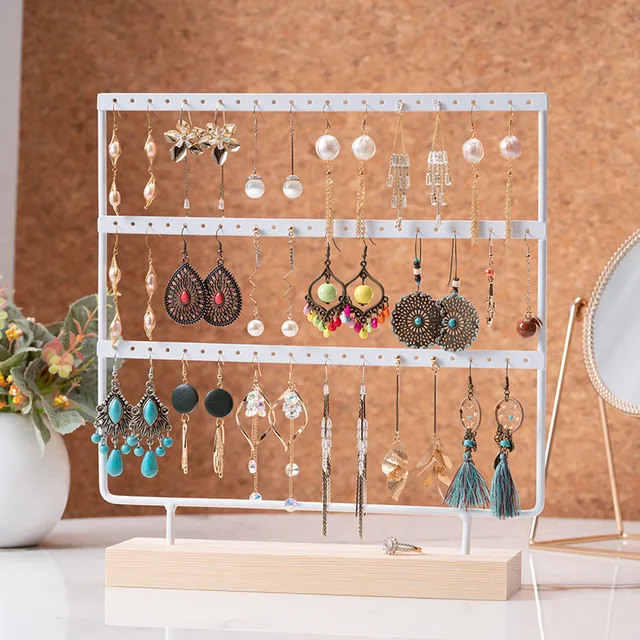 Présentoir de boucles d'oreilles à 3 niveaux et 72 trous, organisateur de rangement de bijoux en métal à 3 couches, support de Base en bois, arbre, support de clous d'oreille, cadeau