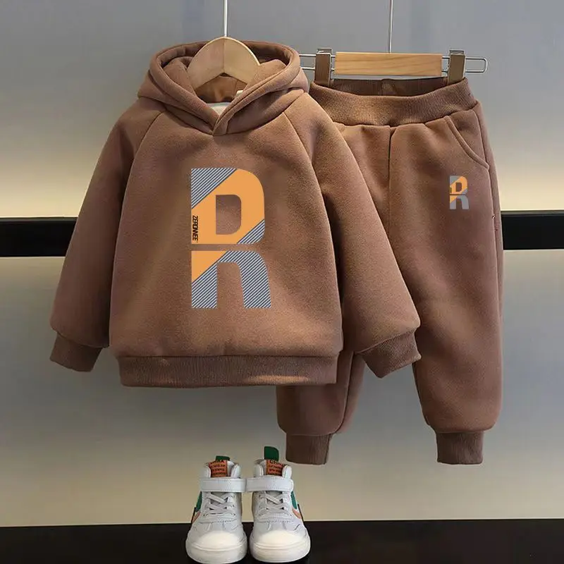 

New Autumn Winter Boys' Sets Hooded Sweater Cuffed Loose Pants Two Pieces Letter Print Solid Pullover Fashion Causal 2-12 Yrs