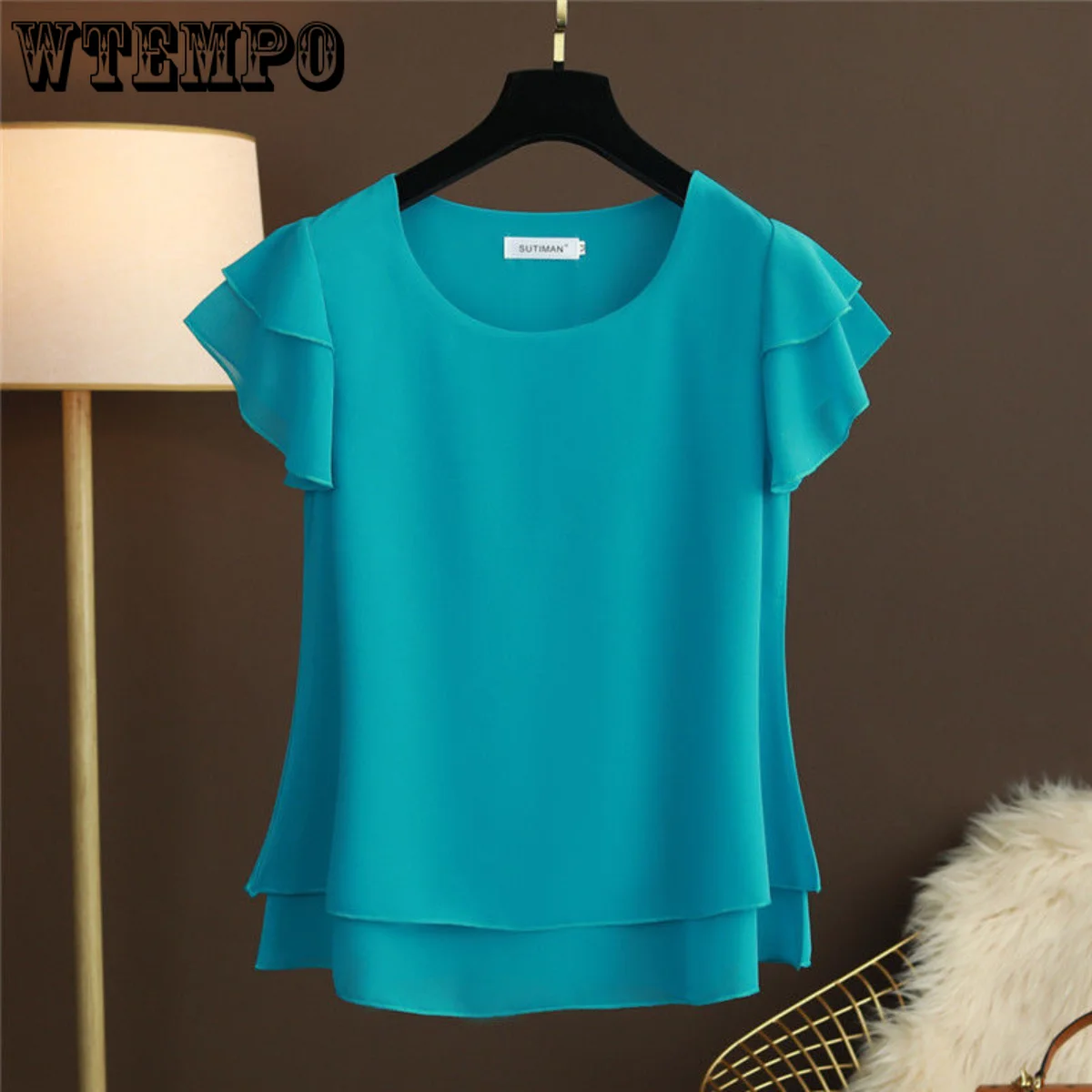 

WTEMPO Women Blouse Loose O-Neck Chiffon Shirt Female Summer Short Sleeve Blouse Oversized Shirts Womens Tops Blouse