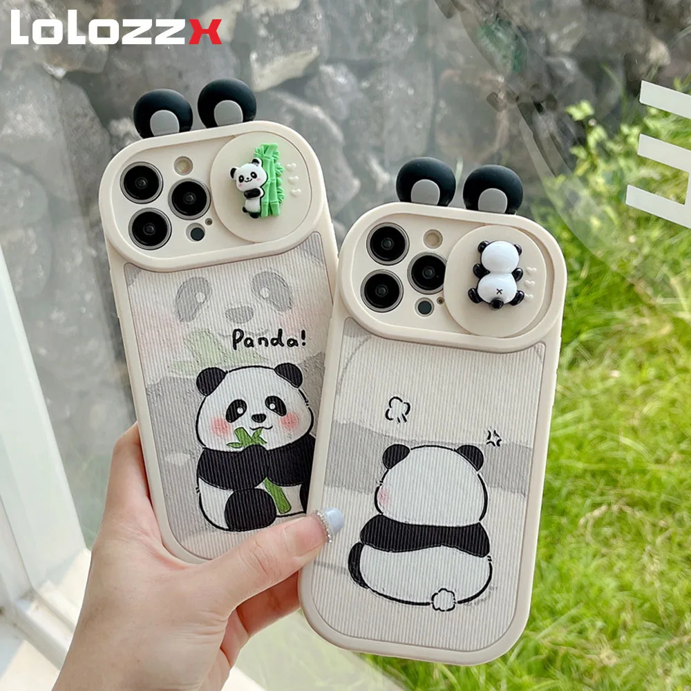 3D Panda Slide Camera Protection Silicone Phone Case with Cartoon Ears and Shockproof Back Cover