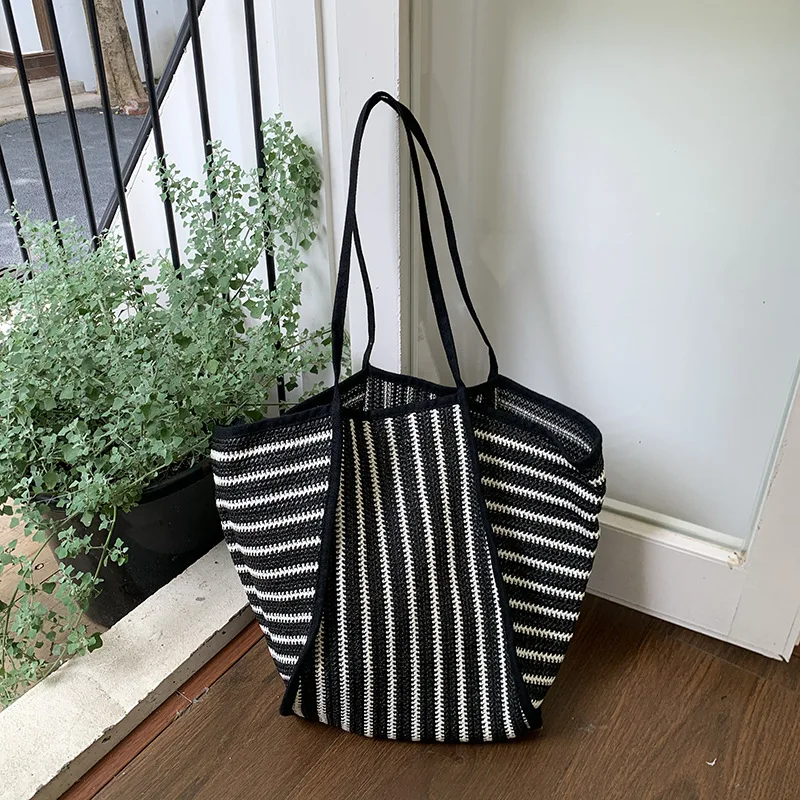 Casual Stripe Color Block Women's Shoulder Bag Fashionable Handwoven Large Underarm Bag Simple Square Shape Spring New Arrival