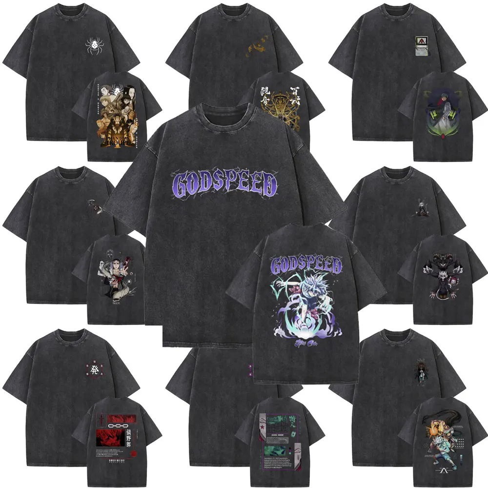 

Japanese Anime Hunter X Hunter Washed Vintage Black T Shirts Killua Zoldyck Manga Graphic Print T-shirt Men Casual Loose Tshirt
