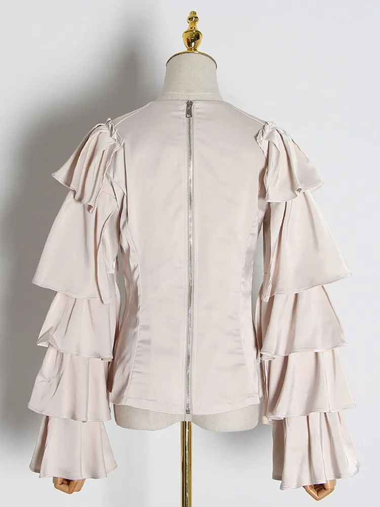 BPN Casual Patchwork Ruffle Trim Shirts For Women Round Neck Long Sleeve Solid Pullover Temperament Blouses Female Clothing New