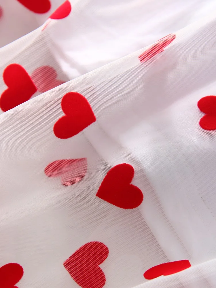 Long Mesh T Shirt Dress For Women Short Sleeve Heart Tulle Fake Two Piece Dresses WOmen's White Loose Maxi Dress With Heart Red
