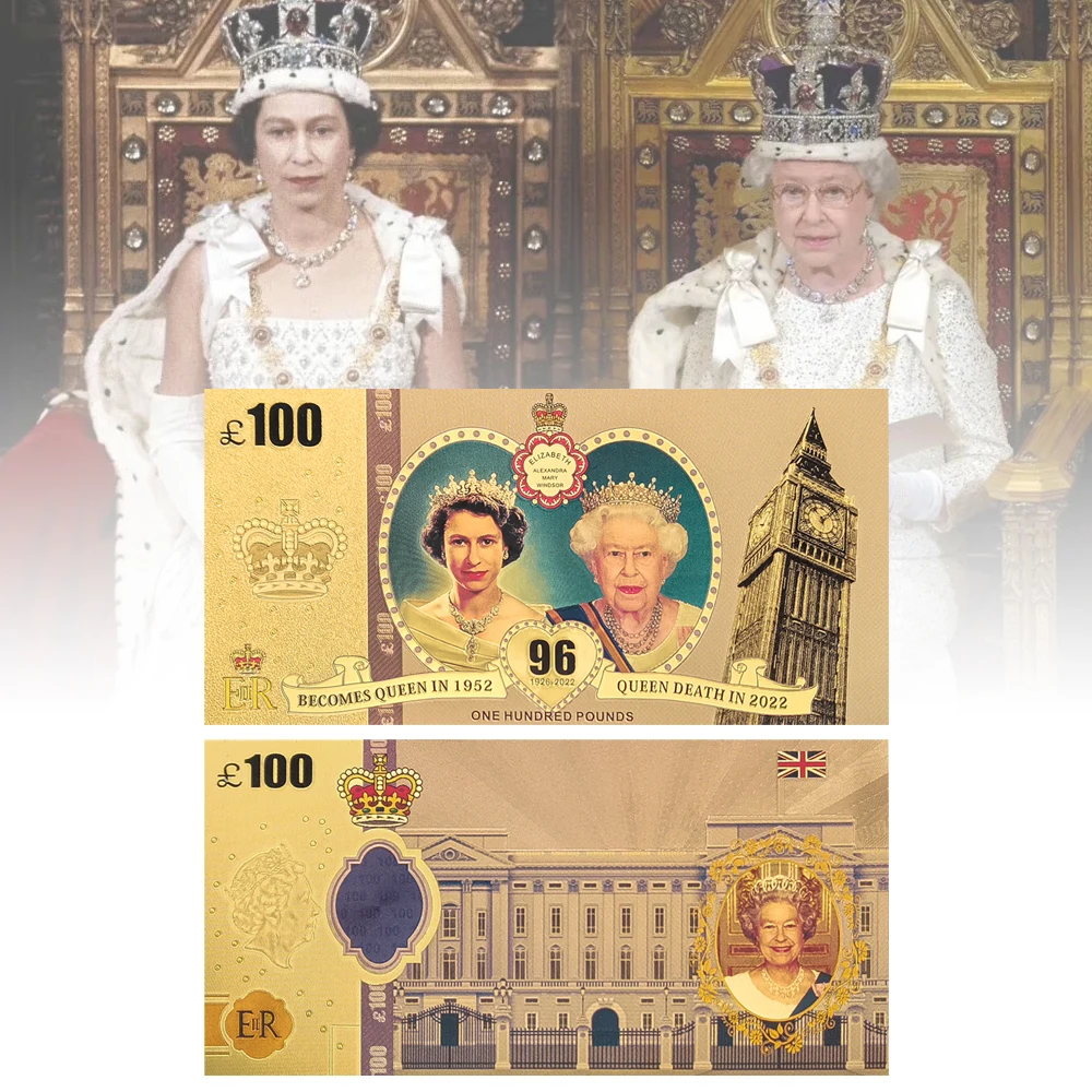 1926-Queen Elizabeth II Gold Foil Commemorative Banknotes 100Pounds Fake Money Uk Royal Family Gifts for Collection commemorative banknotes gold plated banknote fake money prop toy