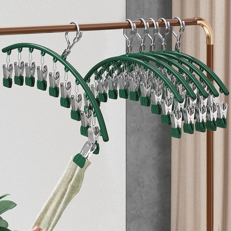 Stainless Steel 10-Clips Clothes Drying Hanger Waterproof Metal Laundry Airer Underwear Socks Holder Home Bathroom Balcony Rack
