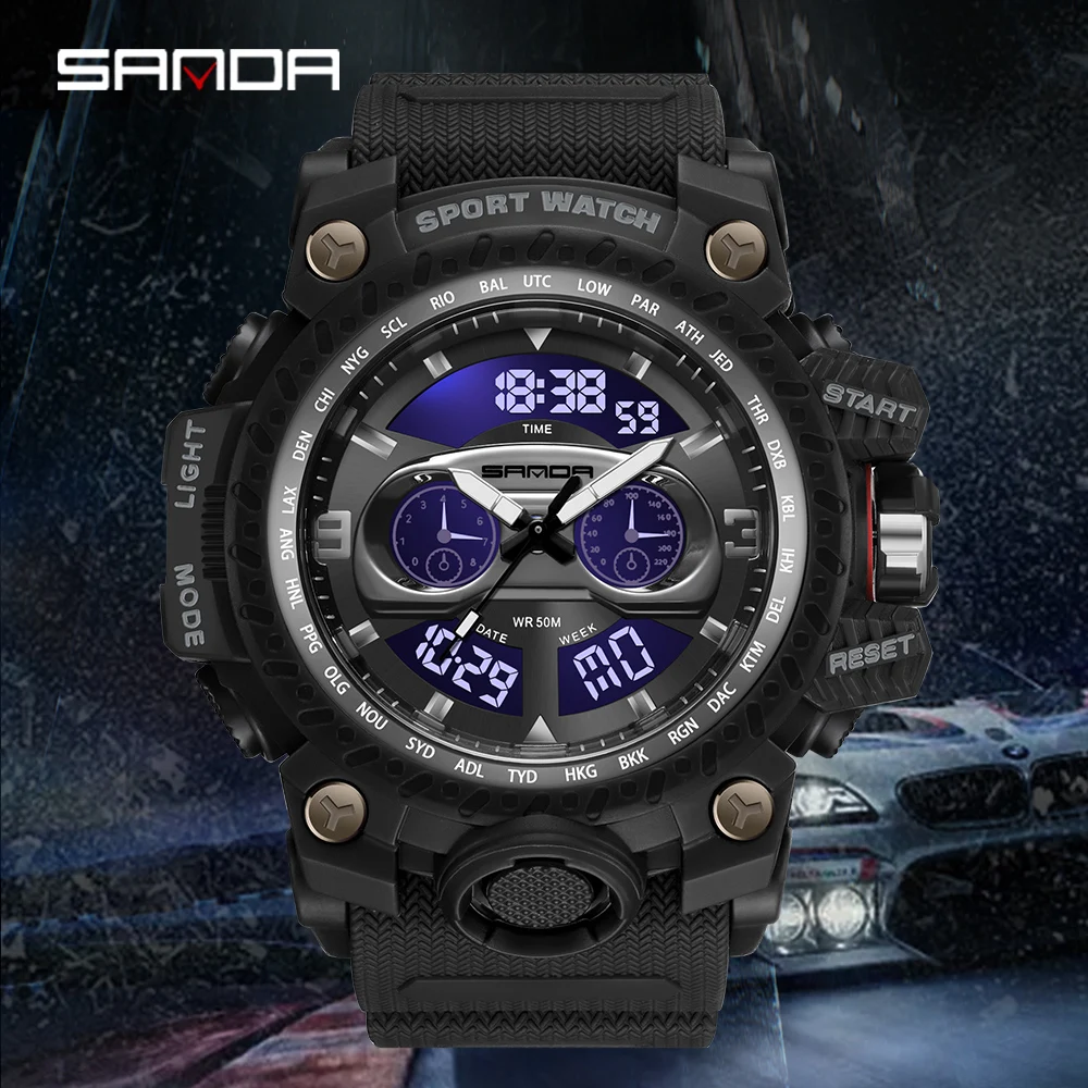 

SANDA 3153 Men's Watches Sports Military Quartz Watch 50M Waterproof Dual Display Digital Wristwatch For Male Relogio Masculino