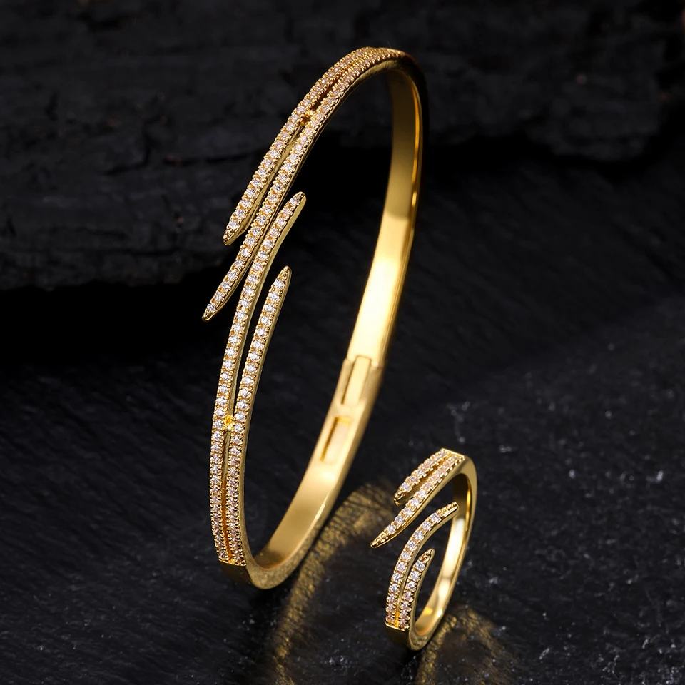 ZAKOL Classic Zircon Inlay Wing Shape Open Bracelet Ring For Women Exquisite 18K Gold Plated Fashion Aesthetic Jewelry Gift 1
