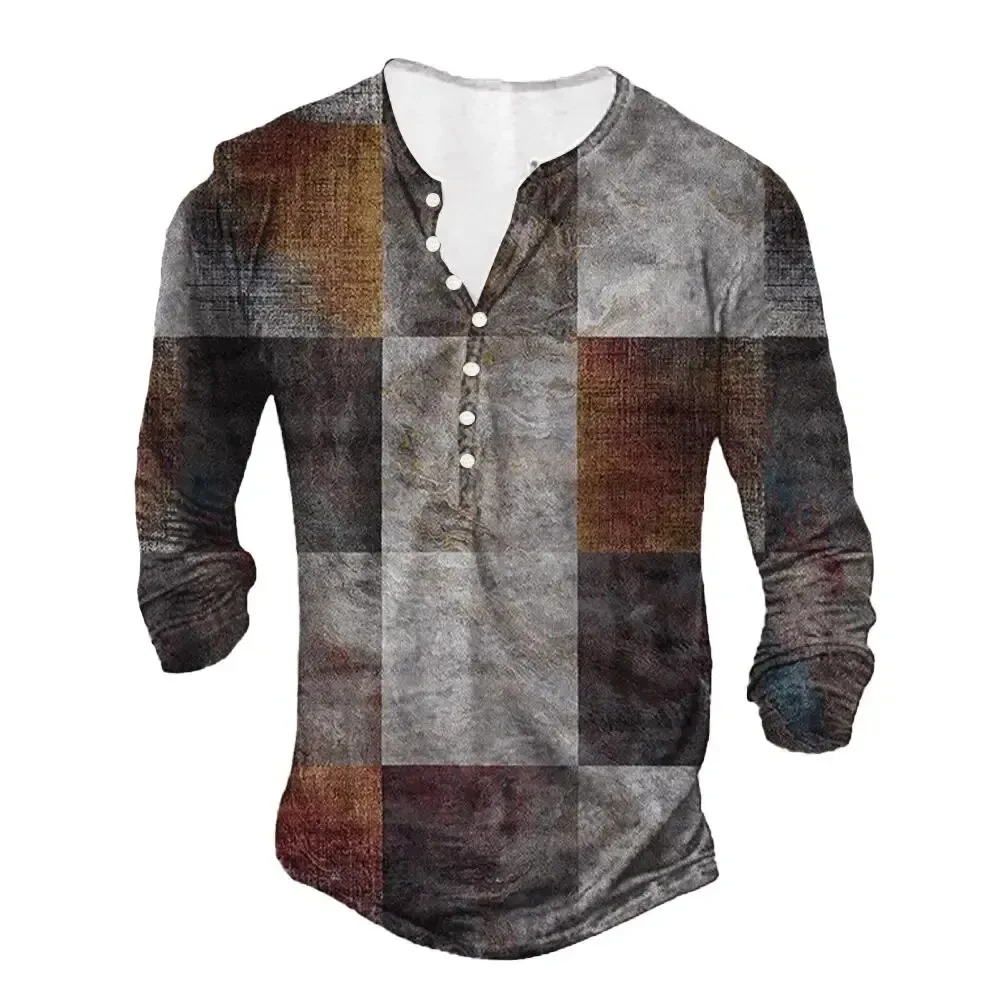 2024 Color Block Patchwork Shirt Henley Shirts 3D Printed Men's Clothing Vintage Long Sleeve T Shirt Man Tees Tops Clothes t shirts tees mama needs a drink color block t shirt tee in purple size l m s