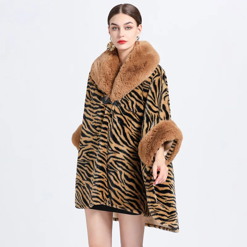 Batwing Sleeves Poncho Women Zebra Striped Overcoat Cloak Winter Big Pendulum Faux Fur Collar Cardigan Woolen Loose Capes Coat