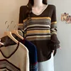 Loose Fit Stripe Knitwear Long Sleeve V-Neck Splicing Hollow out Casual Comfortable Women's Autumn New Style plus Size Top