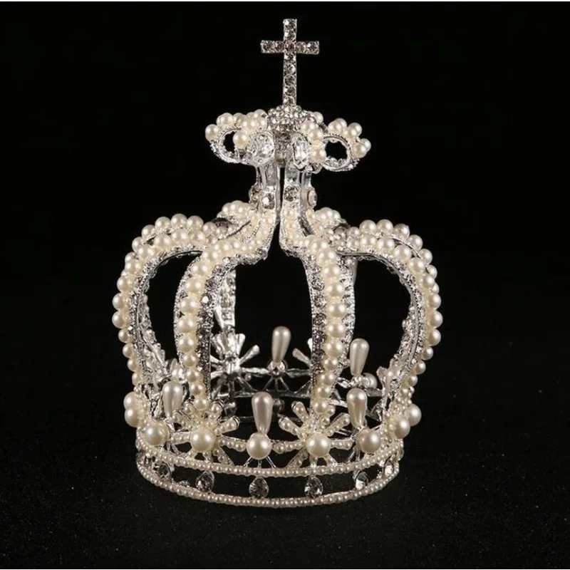 Braut Haarschmuck Kreuz Barock Stile Vantage Kristall Perle Hochzeit Krone Legierung Braut Tiara Barock Königin Kronen – Detail 6