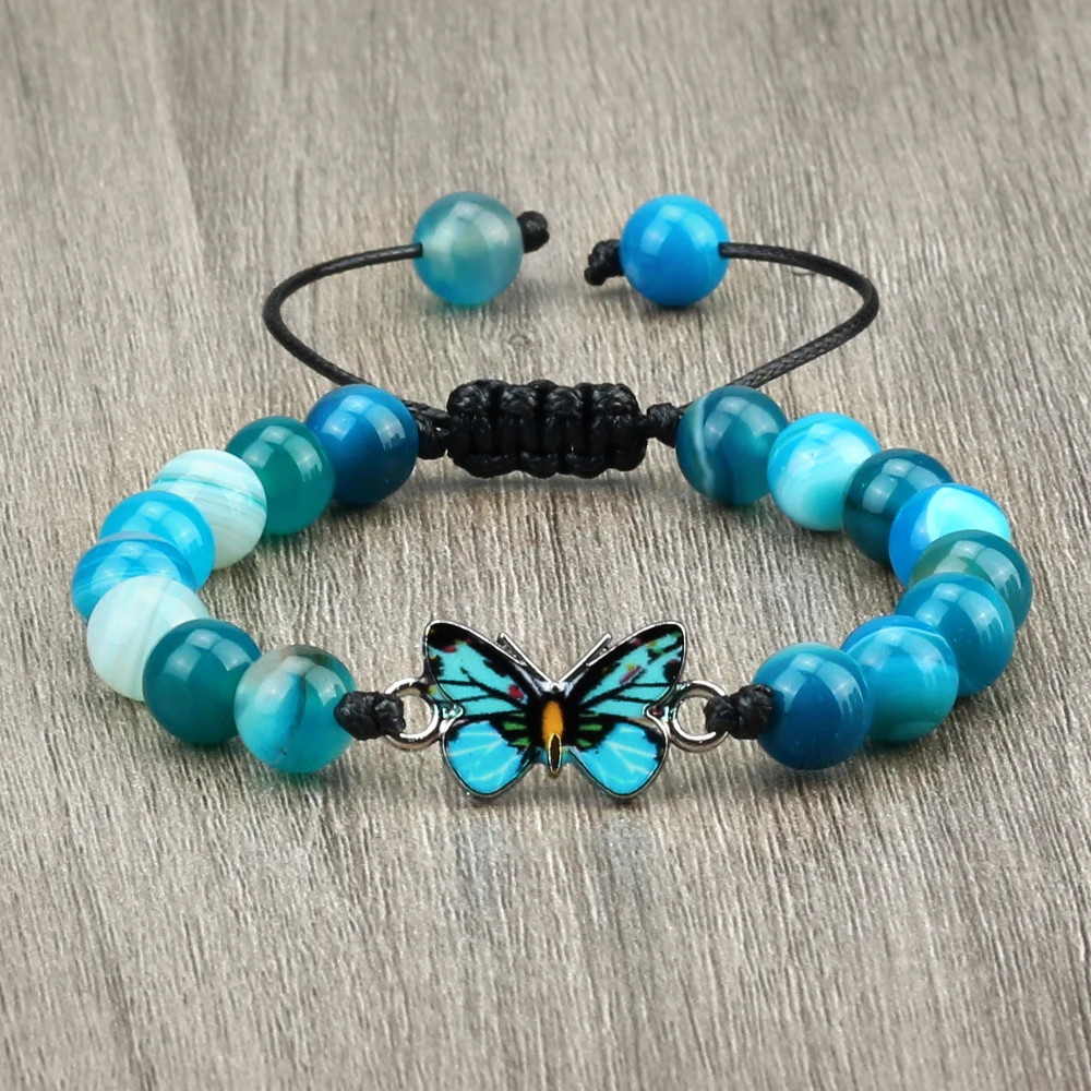 New Blue Butterfly Charm Beaded Bracciale Bohemian Agat Natural Stone Black Lava Rock Gioielli Fatti A Mano Bracciali E Braccialetti Yoga