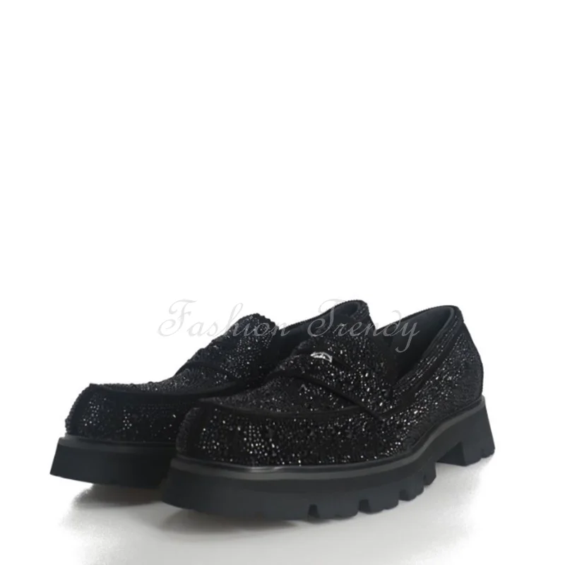 

Black Crystal Leather Men's Loafers Platform Casual Party Oxfords Round Toe Cover Solid Derby Rhinestone Suits Party Clogs Shoes