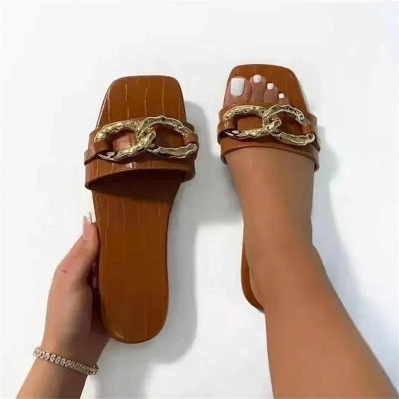 Women Summer Slippers Fashion Metal Chain Flat Sandals Ladies Outdoor Beach Flip Flops Square Toe Slides Woman Large Size 43