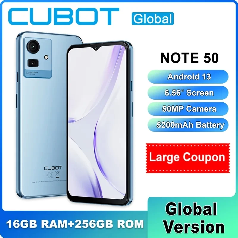 Cubot NOTE 50 Smartphone ,6.56“ Screen,Unisoc T606, 16GB RAM+256GB ROM,50MP  Camera ,5200mAh Battery ,Android 13,NFC 4G Cellphone