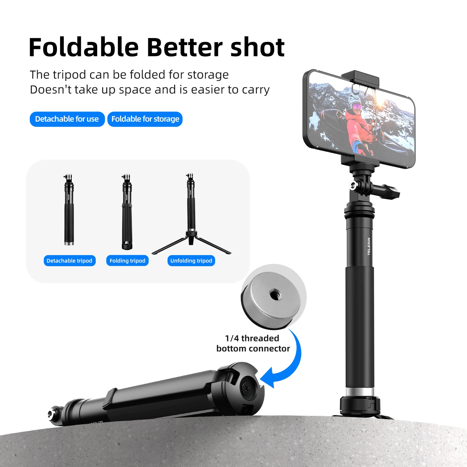TELESIN For GoPro Selfie Stick 360&deg; Rotation Foldable Tripod Phone Holder Aluminum Alloy Monopod for DJI Insta360 Smartphone selfie stick
