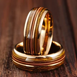 Rose Gold Stainless Steel Guitar String Ring with Whiskey Barrel Wood Inlay - Men's Wedding Band - 8