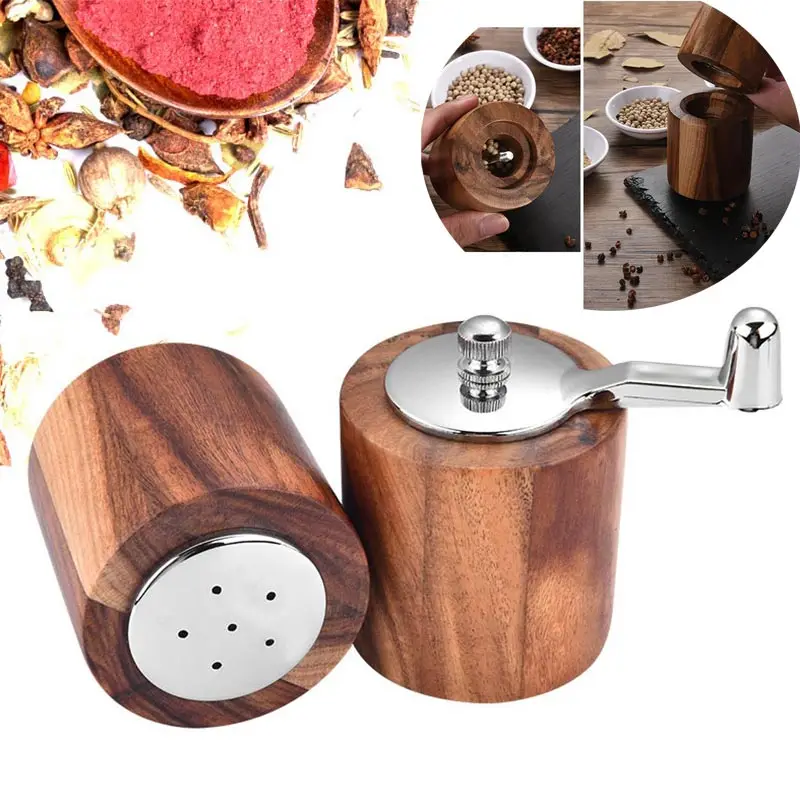 Manual Pepper Mill and Salt Pot Hand Grinder, Acacia Wood Pepper Mill Set, Spice Salt Grinder, Ceramic Core Seasoning Bottle