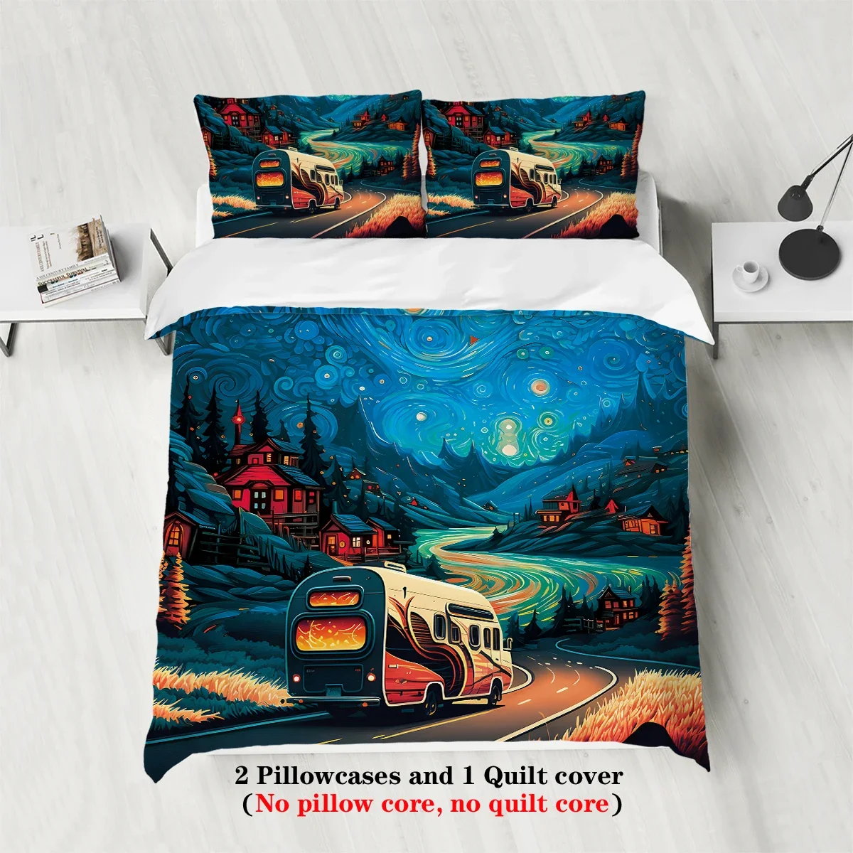 3-piece set, camping pattern printed duvet set, queen, king, double bed, party  funny and creative bedding set