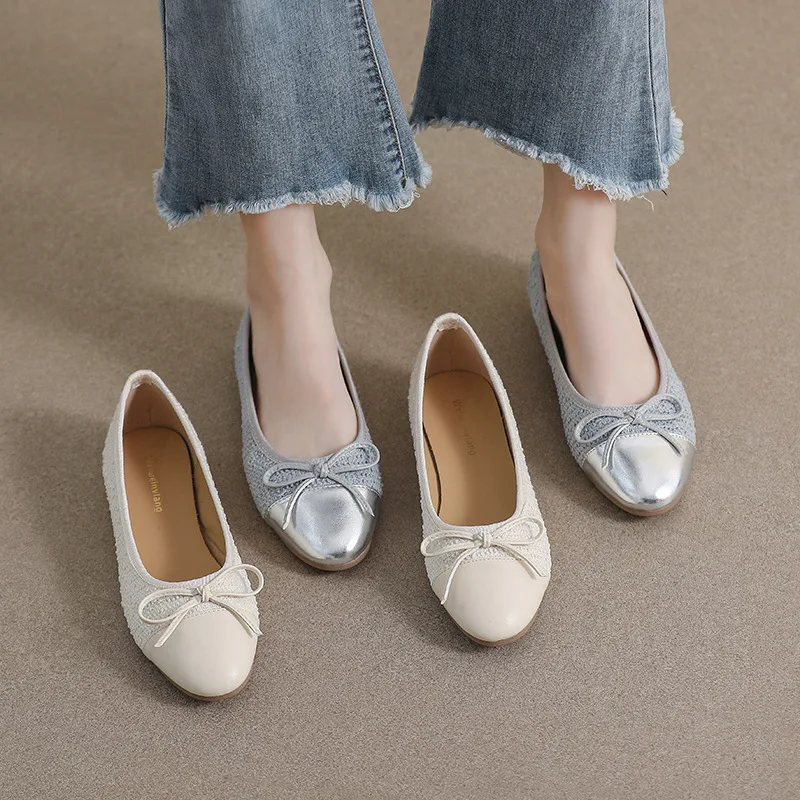 Leather Patchwork Sequines cloth flat shoes woman round toe bowtie ballet flats silver moccasins female slip on loafers size 43 5