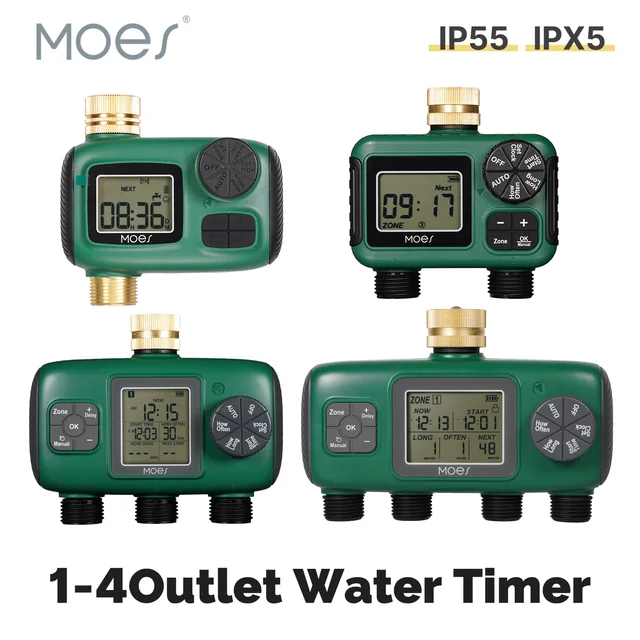 MOES Water Timer 1-4Outlet Brass Inlet Rotary Knob Button Control With LCD Display Screen Rain Delay Child Lock Garden Sprinkler 1