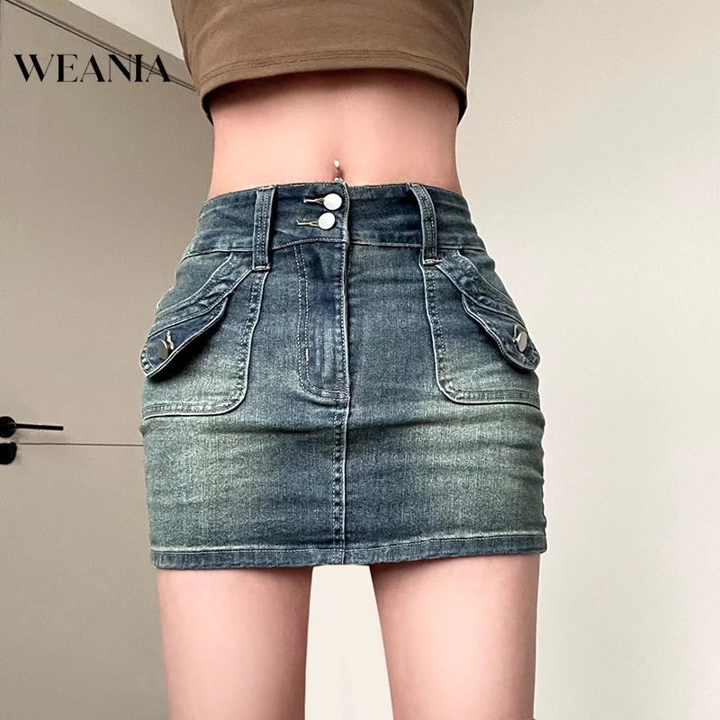 

Women Retro Style Pockets High Waist Slim Mini Denim Skirt