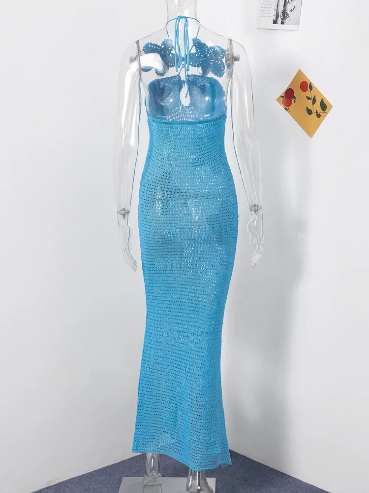 Sexy Knitted Flower Long Dress Women Hollow Halter Sleeveless Maxi Dresses Female Summer Fashion Vacation beach Vestidos