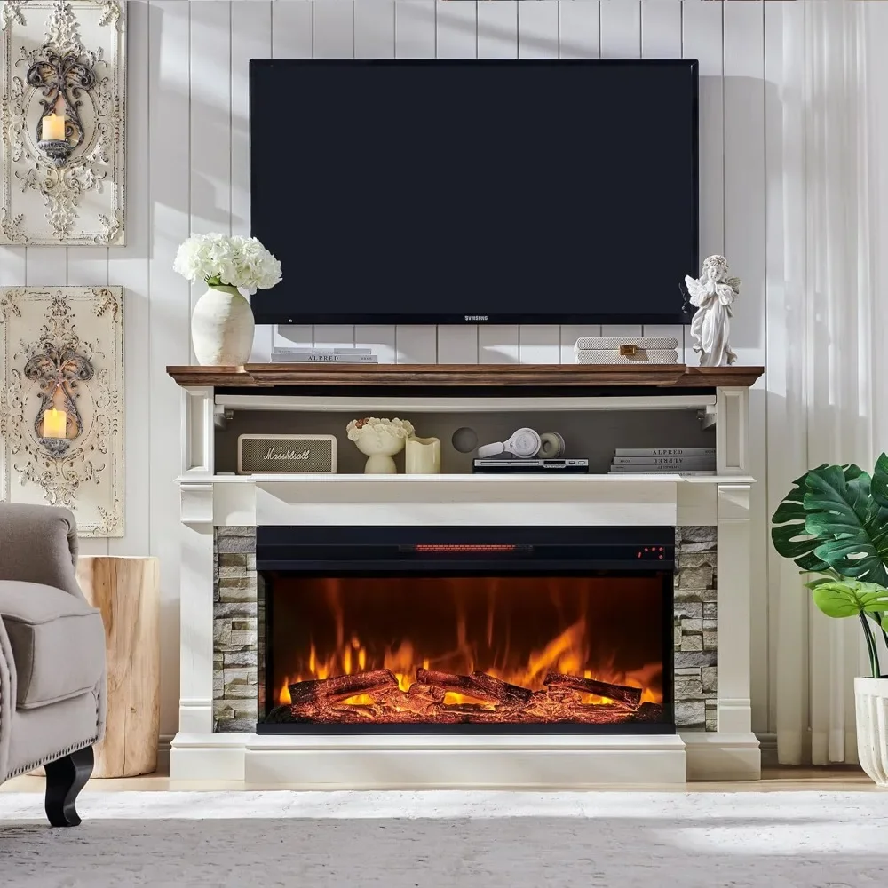 52" Electric Fireplace with Mantel, Freestanding Fireplace Heater TV Stand with 36" 3-Side Glass Insert for TVs Up to 65" 2