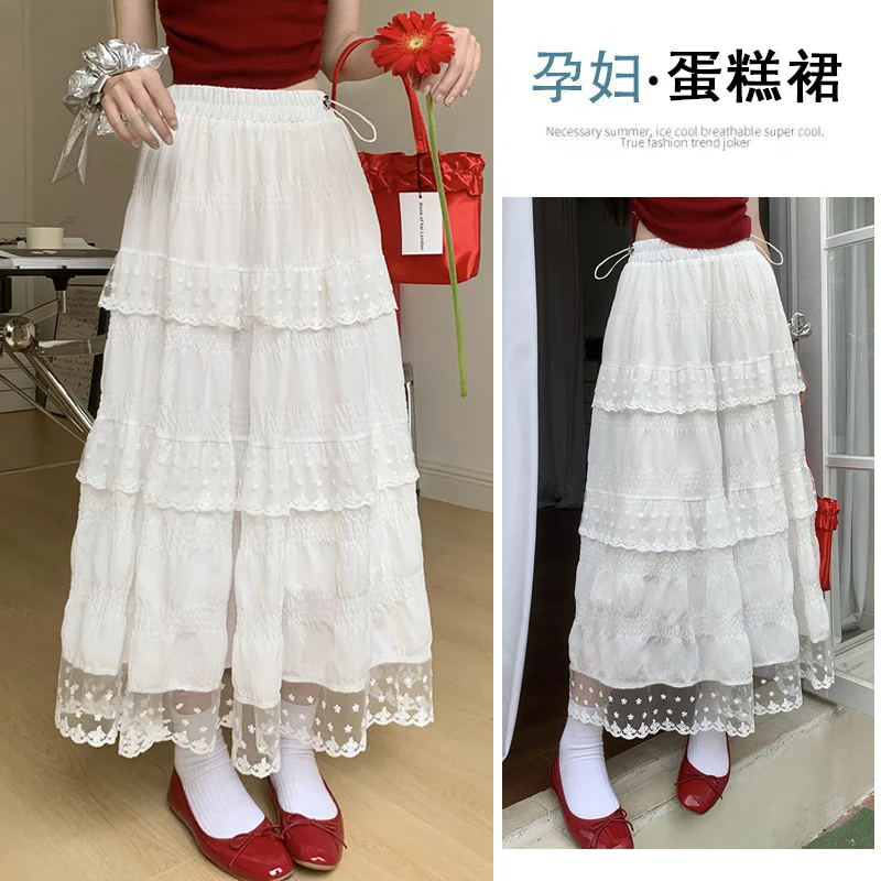 French Style Pregnant Woman Lace Skirts for Summer Sweet Mesh Hem Patchwork Drawstring Waist Elegant Maternity Long Cake Skirt