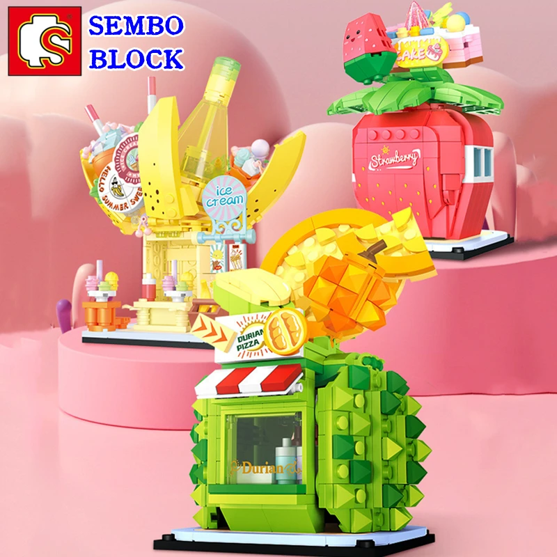Sembo Fruit Street Scene Building Blocks Strawberry Durian Banana Assembly Model Ornamento Giocattolo Per Bambini Regalo Di Compleanno