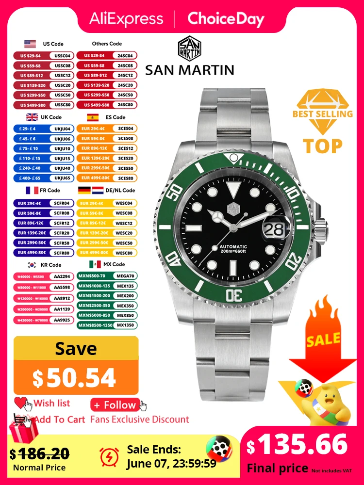 Мужские наручные часы San Martin, 40 мм, водонепроницаемые автоматические механические часы с сапфиром, 200 м, SN0017