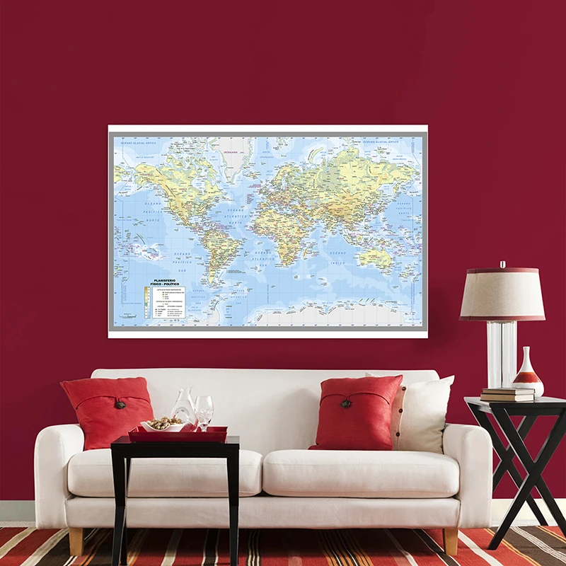 

120*80cm Large World Map Wall Sticker with Cities In Spanish Room Wall Chart Home Decor Children School Supplies Art Poster