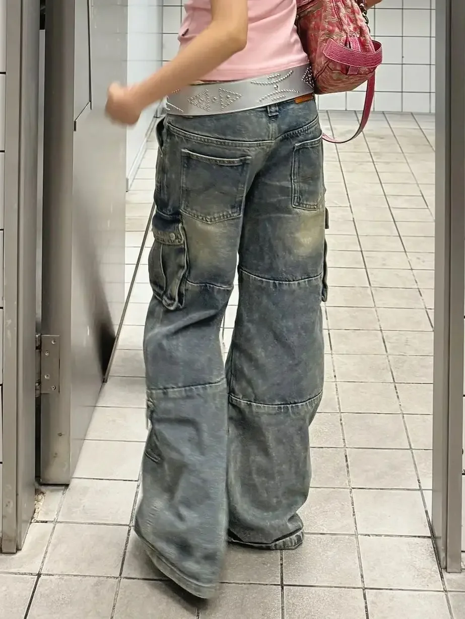 American street spring and autumn vintage straight leg multi pocket workwear jeans for couples loose and trendy casual pants y2k 4