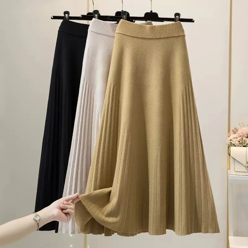 TIGENA Knitted Pleated Midi Long Skirt for Women 2023 Autumn Winter